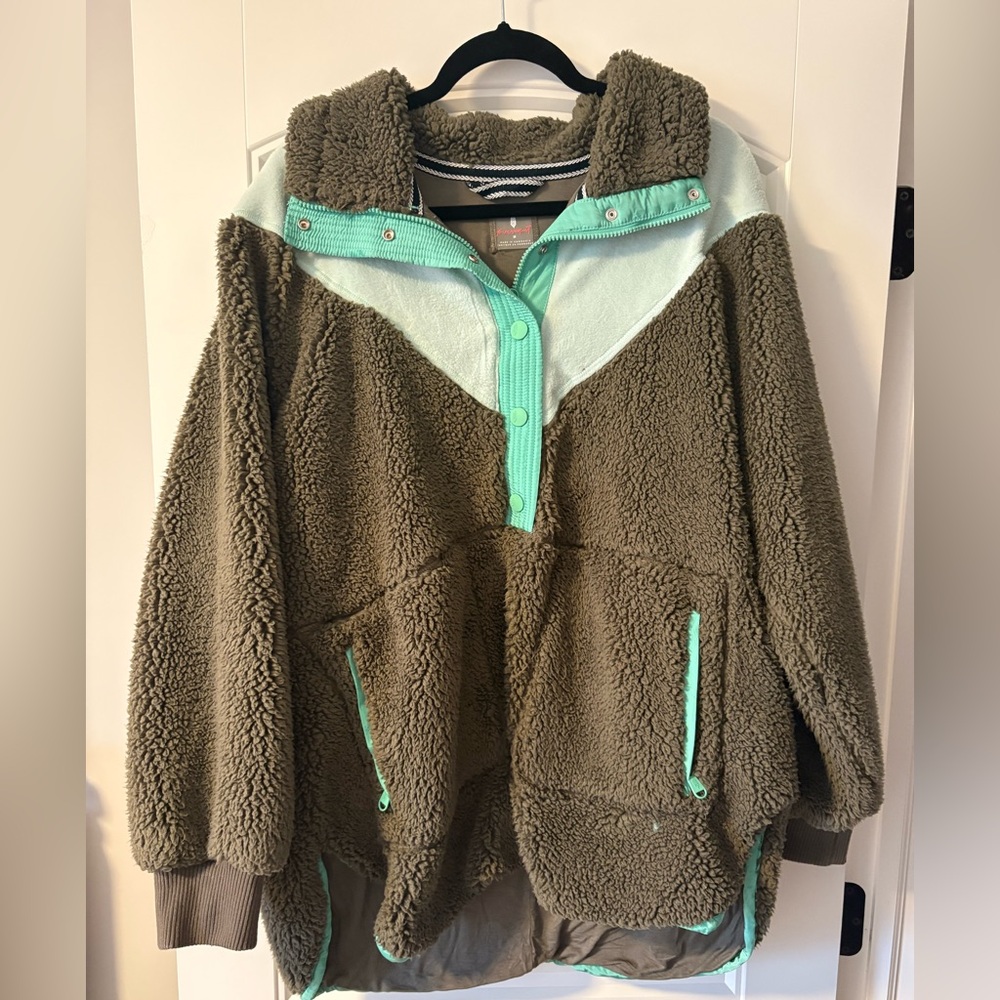Fall To Rise Fleece Quarter Snap Teal/Grey Combo Medium NWOT
